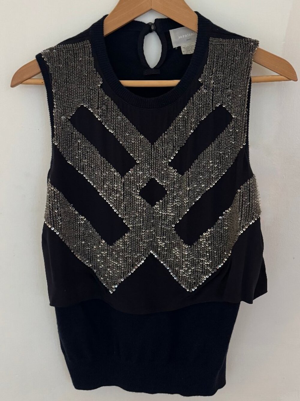 M. Patmos Beaded Fine Merino Wool & Silk Navy Top